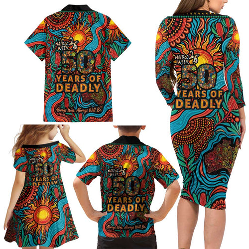 NAIDOC Week 26 Family Matching Long Sleeve Bodycon Dress and Hawaiian Shirt 50 Years of Deadly Aboriginal Motif
