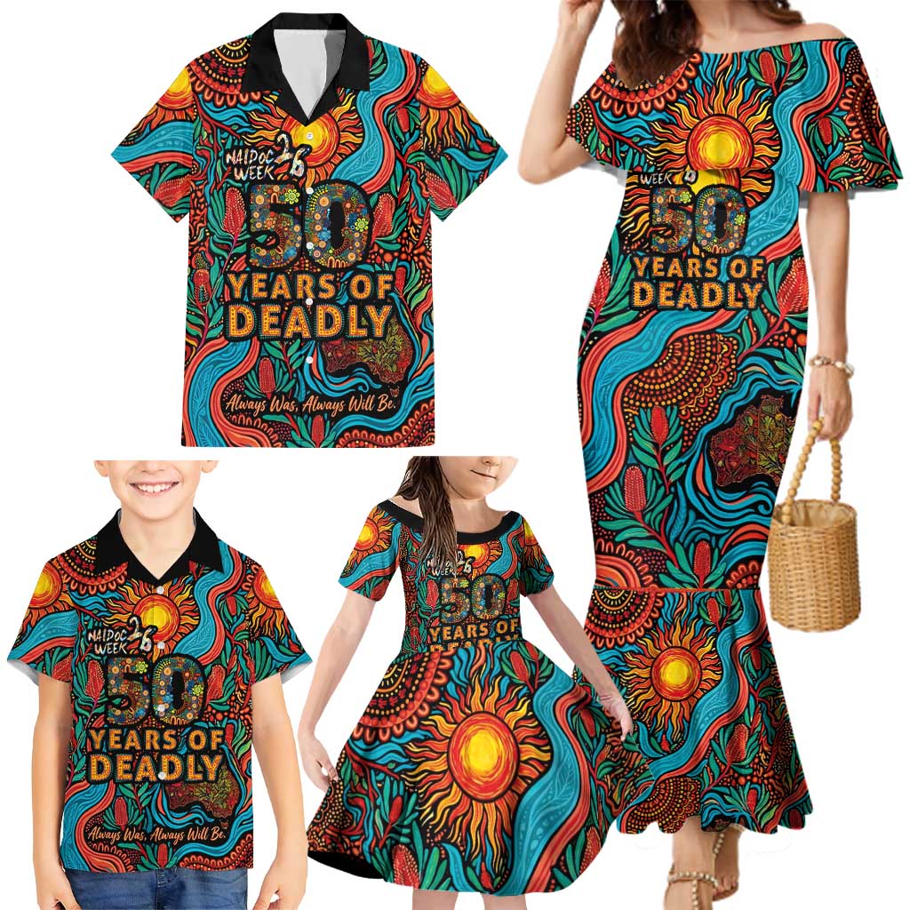 NAIDOC Week 26 Family Matching Mermaid Dress and Hawaiian Shirt 50 Years of Deadly Aboriginal Motif