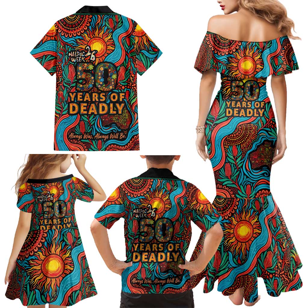 NAIDOC Week 26 Family Matching Mermaid Dress and Hawaiian Shirt 50 Years of Deadly Aboriginal Motif