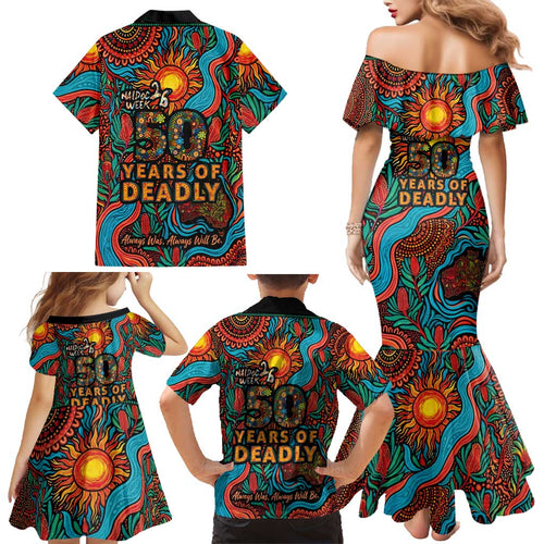 NAIDOC Week 26 Family Matching Mermaid Dress and Hawaiian Shirt 50 Years of Deadly Aboriginal Motif