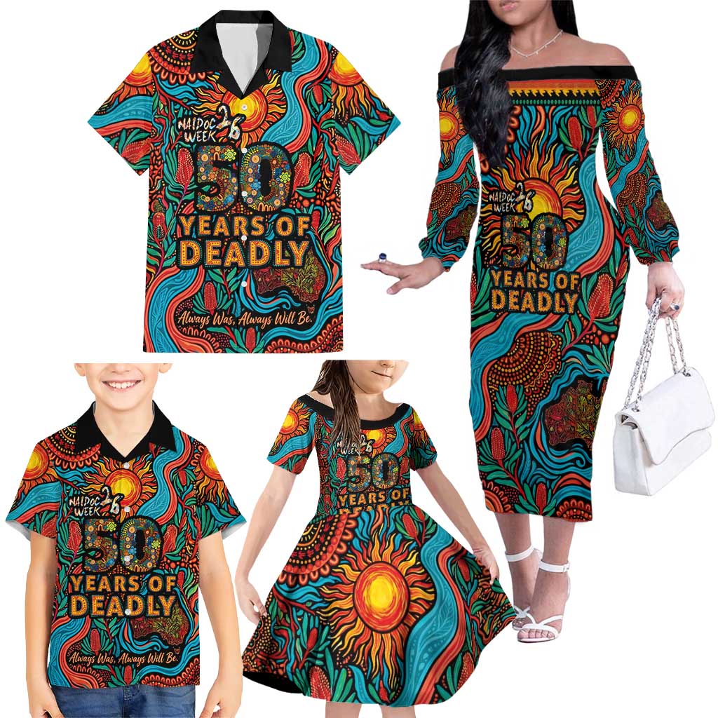 NAIDOC Week 26 Family Matching Off The Shoulder Long Sleeve Dress and Hawaiian Shirt 50 Years of Deadly Aboriginal Motif