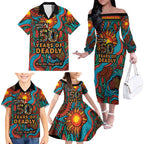 NAIDOC Week 26 Family Matching Off The Shoulder Long Sleeve Dress and Hawaiian Shirt 50 Years of Deadly Aboriginal Motif