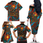 NAIDOC Week 26 Family Matching Off The Shoulder Long Sleeve Dress and Hawaiian Shirt 50 Years of Deadly Aboriginal Motif