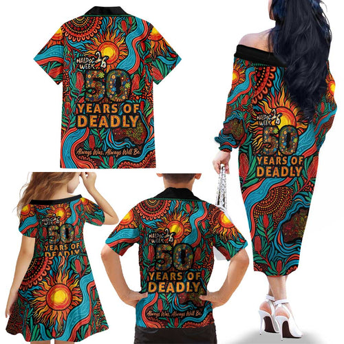 NAIDOC Week 26 Family Matching Off The Shoulder Long Sleeve Dress and Hawaiian Shirt 50 Years of Deadly Aboriginal Motif