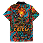 NAIDOC Week 26 Family Matching Off The Shoulder Long Sleeve Dress and Hawaiian Shirt 50 Years of Deadly Aboriginal Motif