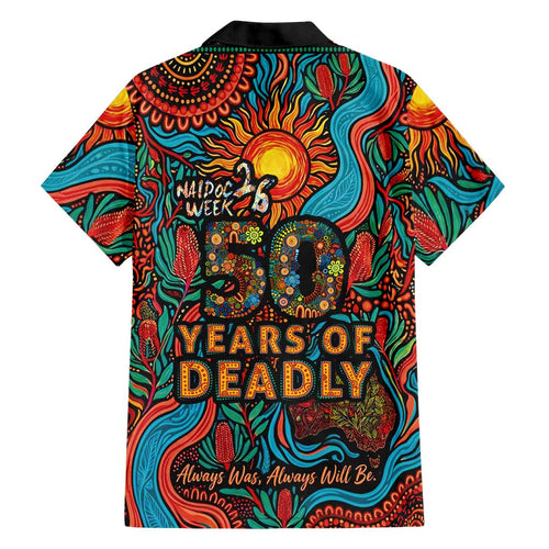 NAIDOC Week 26 Family Matching Off The Shoulder Long Sleeve Dress and Hawaiian Shirt 50 Years of Deadly Aboriginal Motif