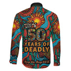 NAIDOC Week 26 Family Matching Off The Shoulder Long Sleeve Dress and Hawaiian Shirt 50 Years of Deadly Aboriginal Motif