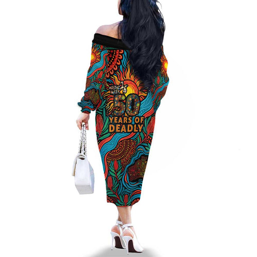 NAIDOC Week 26 Family Matching Off The Shoulder Long Sleeve Dress and Hawaiian Shirt 50 Years of Deadly Aboriginal Motif