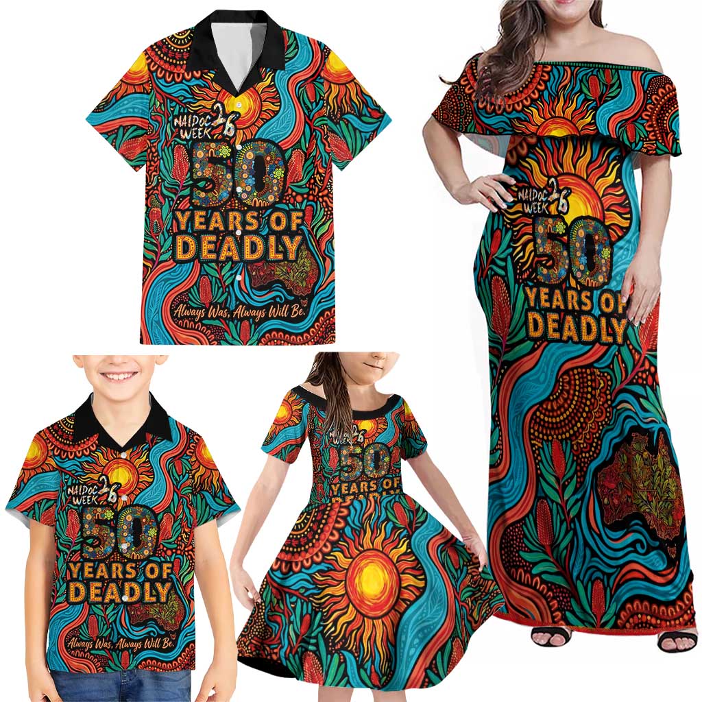 NAIDOC Week 26 Family Matching Off Shoulder Maxi Dress and Hawaiian Shirt 50 Years of Deadly Aboriginal Motif