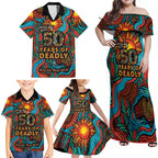 NAIDOC Week 26 Family Matching Off Shoulder Maxi Dress and Hawaiian Shirt 50 Years of Deadly Aboriginal Motif