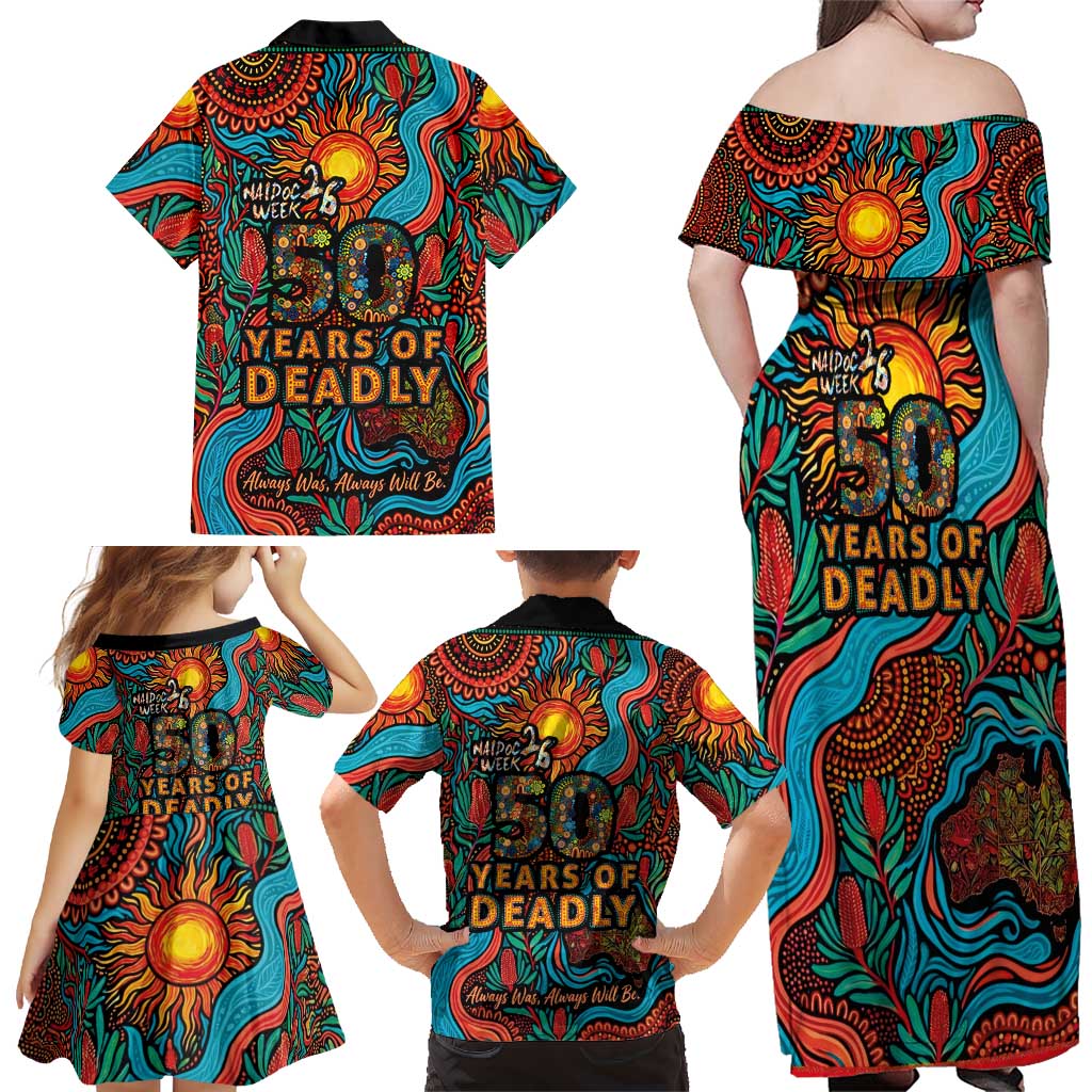 NAIDOC Week 26 Family Matching Off Shoulder Maxi Dress and Hawaiian Shirt 50 Years of Deadly Aboriginal Motif