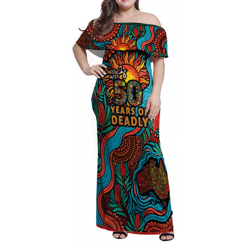 NAIDOC Week 26 Family Matching Off Shoulder Maxi Dress and Hawaiian Shirt 50 Years of Deadly Aboriginal Motif