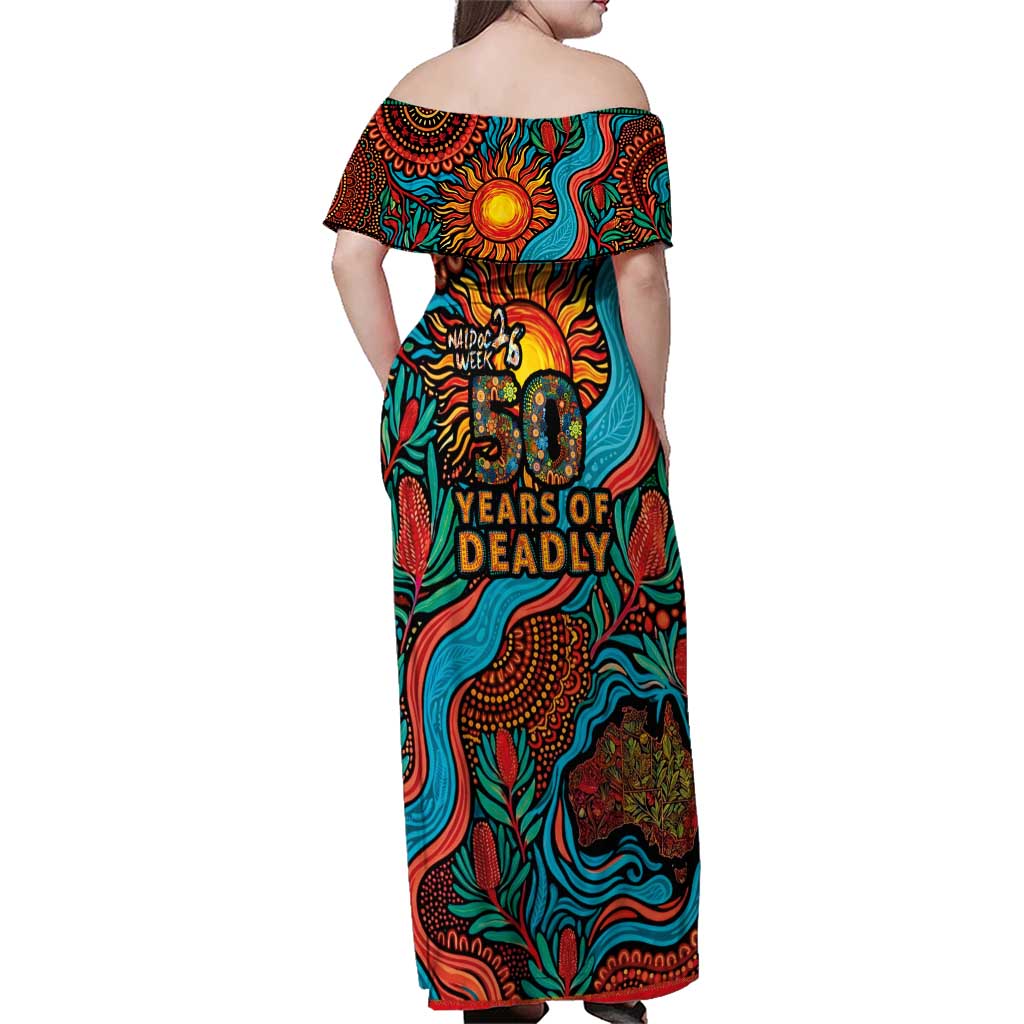 NAIDOC Week 26 Family Matching Off Shoulder Maxi Dress and Hawaiian Shirt 50 Years of Deadly Aboriginal Motif