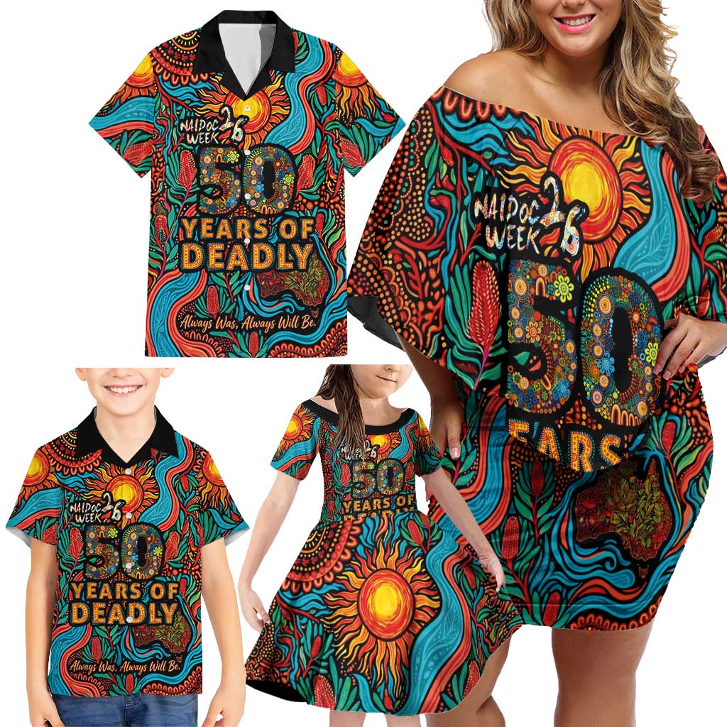 NAIDOC Week 26 Family Matching Off Shoulder Short Dress and Hawaiian Shirt 50 Years of Deadly Aboriginal Motif