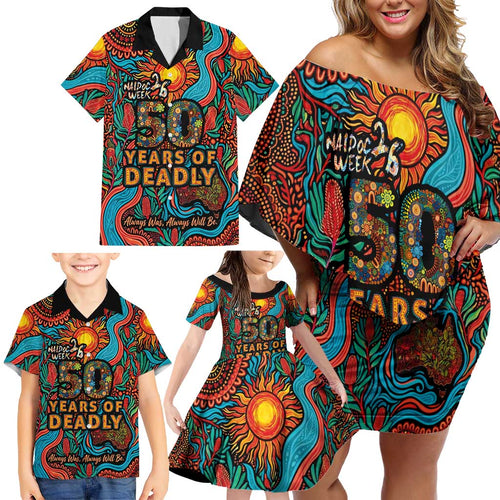 NAIDOC Week 26 Family Matching Off Shoulder Short Dress and Hawaiian Shirt 50 Years of Deadly Aboriginal Motif