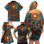 NAIDOC Week 26 Family Matching Off Shoulder Short Dress and Hawaiian Shirt 50 Years of Deadly Aboriginal Motif