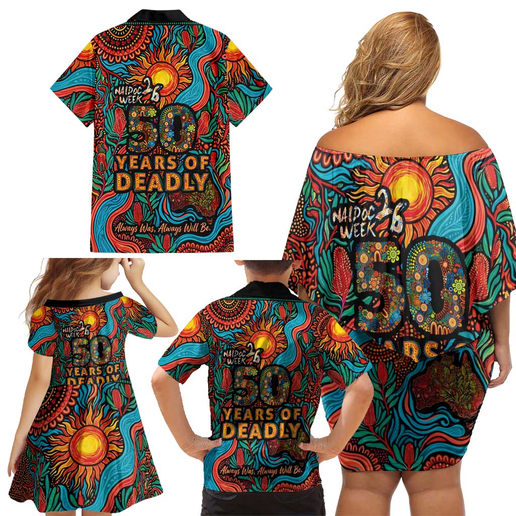 NAIDOC Week 26 Family Matching Off Shoulder Short Dress and Hawaiian Shirt 50 Years of Deadly Aboriginal Motif