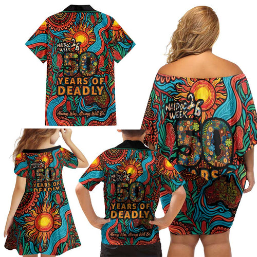 NAIDOC Week 26 Family Matching Off Shoulder Short Dress and Hawaiian Shirt 50 Years of Deadly Aboriginal Motif