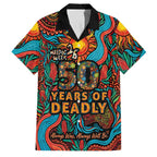 NAIDOC Week 26 Family Matching Off Shoulder Short Dress and Hawaiian Shirt 50 Years of Deadly Aboriginal Motif