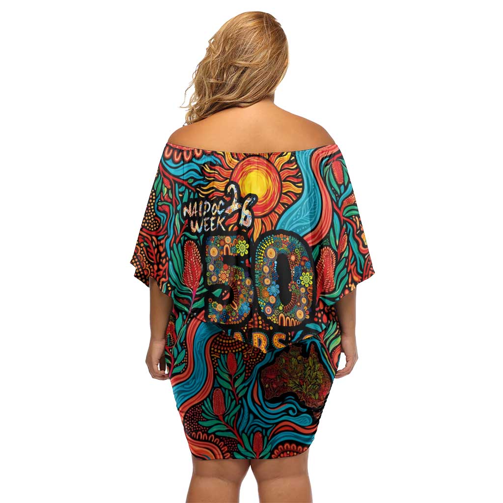NAIDOC Week 26 Family Matching Off Shoulder Short Dress and Hawaiian Shirt 50 Years of Deadly Aboriginal Motif