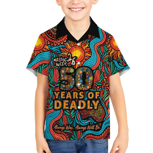NAIDOC Week 26 Family Matching Off Shoulder Short Dress and Hawaiian Shirt 50 Years of Deadly Aboriginal Motif