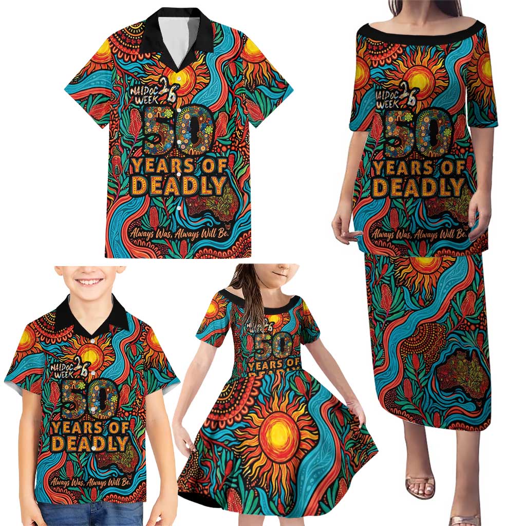 NAIDOC Week 26 Family Matching Puletasi and Hawaiian Shirt 50 Years of Deadly Aboriginal Motif