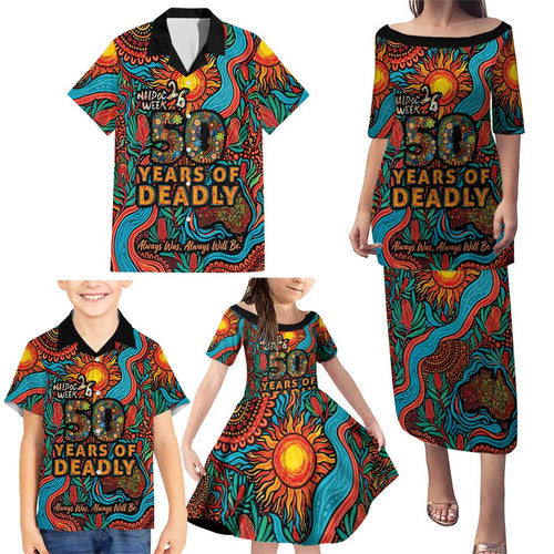 NAIDOC Week 26 Family Matching Puletasi and Hawaiian Shirt 50 Years of Deadly Aboriginal Motif