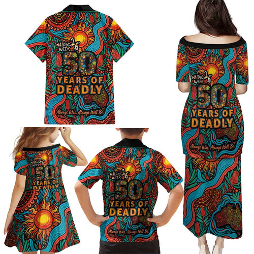 NAIDOC Week 26 Family Matching Puletasi and Hawaiian Shirt 50 Years of Deadly Aboriginal Motif