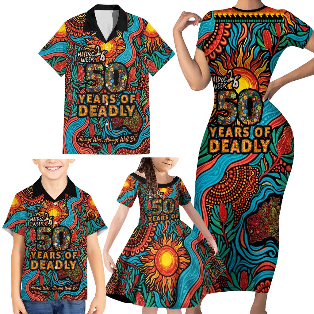 NAIDOC Week 26 Family Matching Short Sleeve Bodycon Dress and Hawaiian Shirt 50 Years of Deadly Aboriginal Motif
