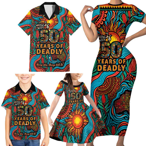 NAIDOC Week 26 Family Matching Short Sleeve Bodycon Dress and Hawaiian Shirt 50 Years of Deadly Aboriginal Motif