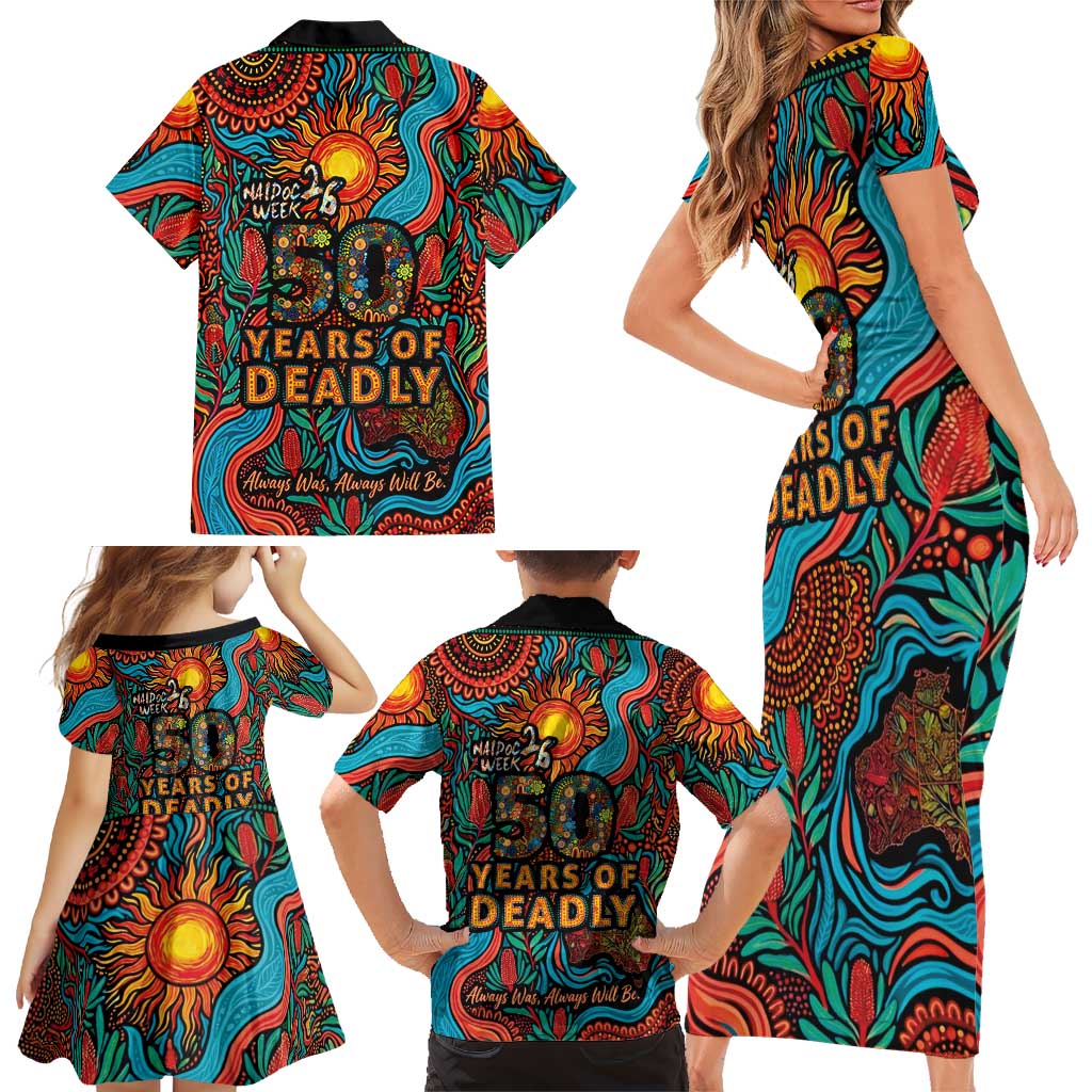 NAIDOC Week 26 Family Matching Short Sleeve Bodycon Dress and Hawaiian Shirt 50 Years of Deadly Aboriginal Motif