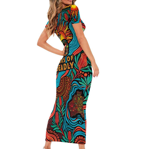 NAIDOC Week 26 Family Matching Short Sleeve Bodycon Dress and Hawaiian Shirt 50 Years of Deadly Aboriginal Motif