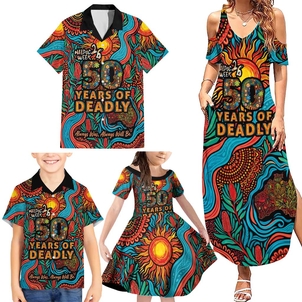 NAIDOC Week 26 Family Matching Summer Maxi Dress and Hawaiian Shirt 50 Years of Deadly Aboriginal Motif