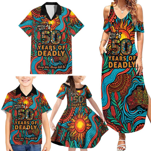 NAIDOC Week 26 Family Matching Summer Maxi Dress and Hawaiian Shirt 50 Years of Deadly Aboriginal Motif