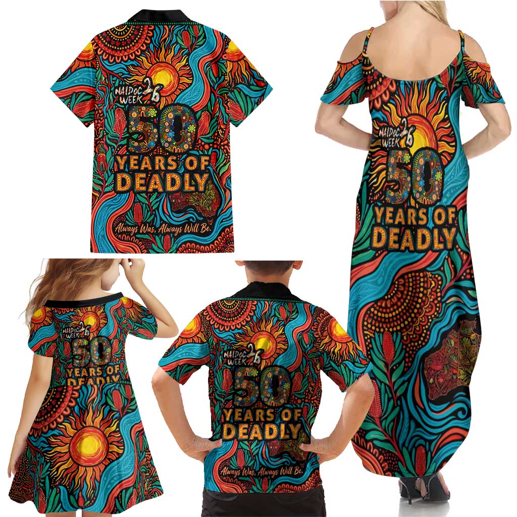 NAIDOC Week 26 Family Matching Summer Maxi Dress and Hawaiian Shirt 50 Years of Deadly Aboriginal Motif