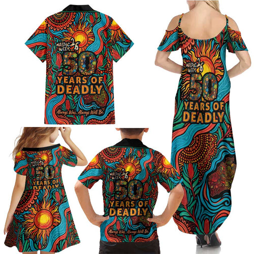 NAIDOC Week 26 Family Matching Summer Maxi Dress and Hawaiian Shirt 50 Years of Deadly Aboriginal Motif