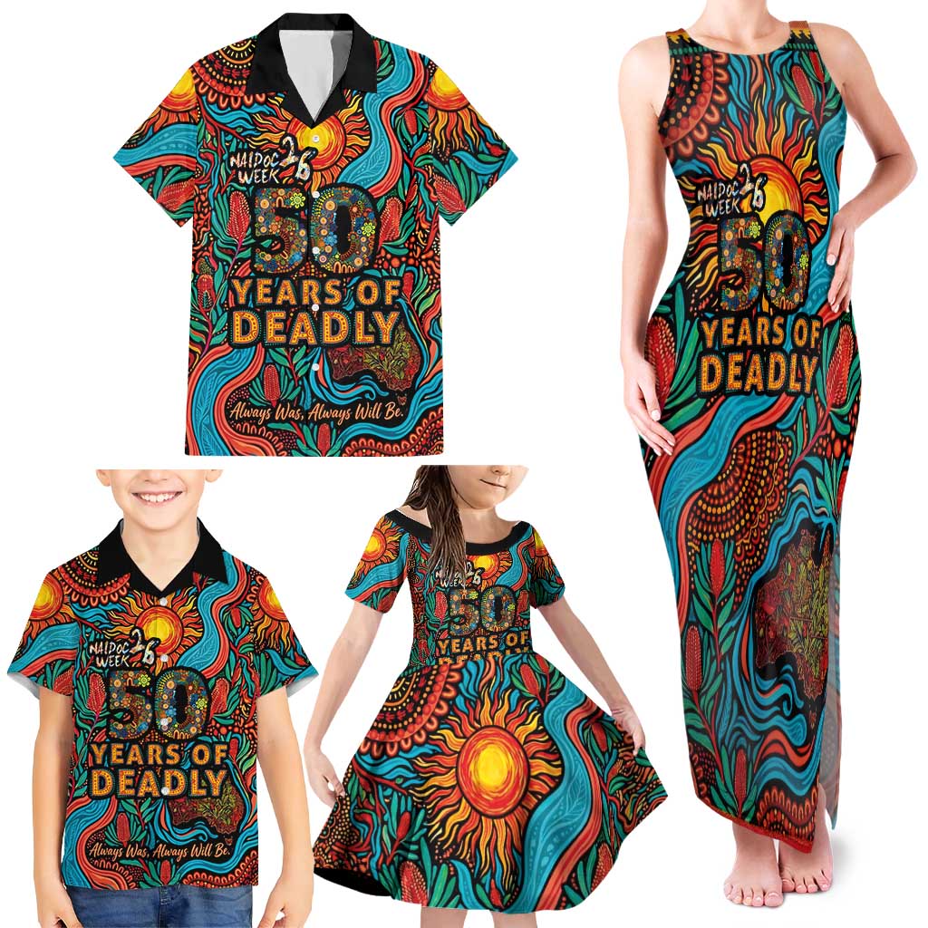 NAIDOC Week 26 Family Matching Tank Maxi Dress and Hawaiian Shirt 50 Years of Deadly Aboriginal Motif