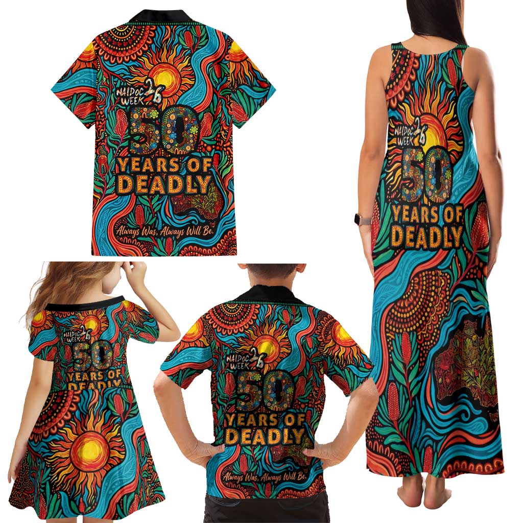 NAIDOC Week 26 Family Matching Tank Maxi Dress and Hawaiian Shirt 50 Years of Deadly Aboriginal Motif