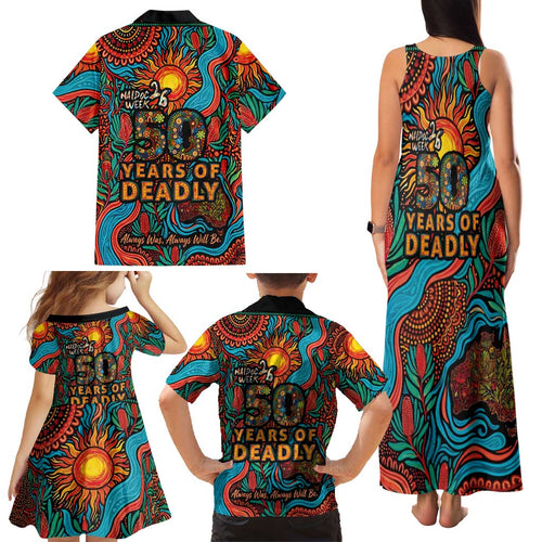 NAIDOC Week 26 Family Matching Tank Maxi Dress and Hawaiian Shirt 50 Years of Deadly Aboriginal Motif