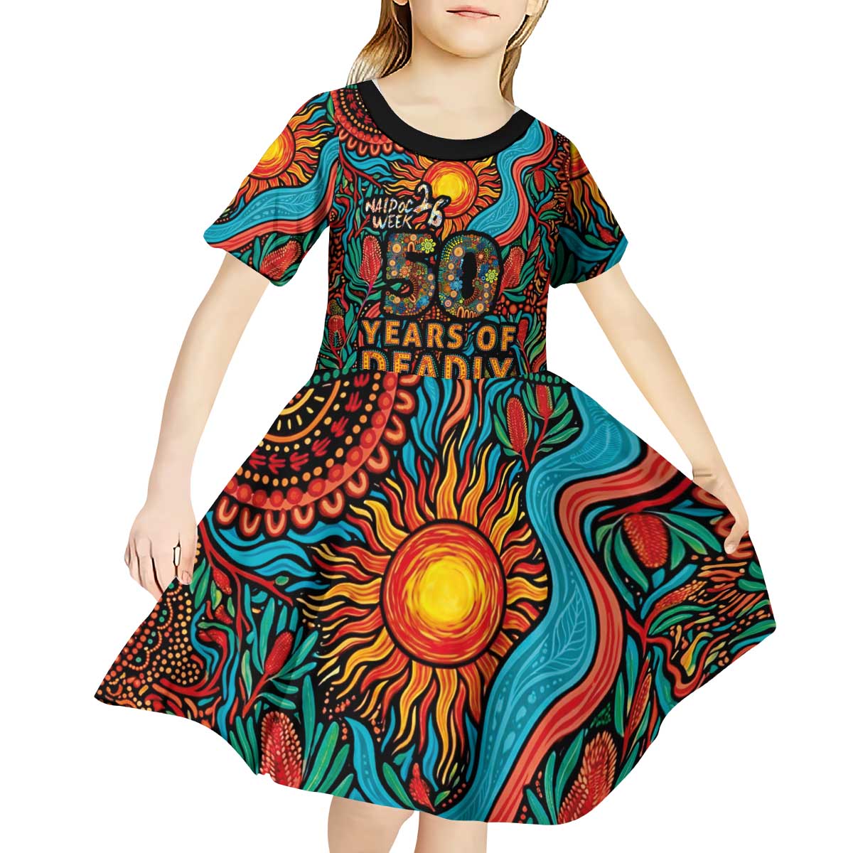 NAIDOC Week 26 Kid Short Sleeve Dress 50 Years of Deadly Aboriginal Motif