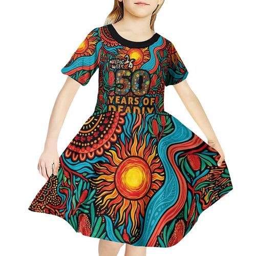 NAIDOC Week 26 Kid Short Sleeve Dress 50 Years of Deadly Aboriginal Motif