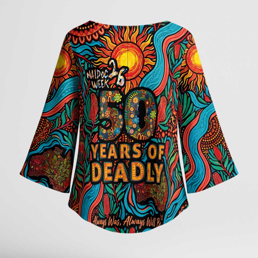 NAIDOC Week 26 Kimono Sleeve Blouse 50 Years of Deadly Aboriginal Motif
