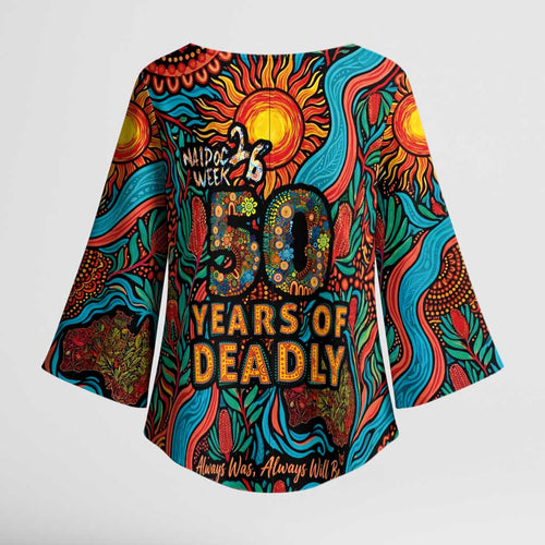 NAIDOC Week 26 Kimono Sleeve Blouse 50 Years of Deadly Aboriginal Motif