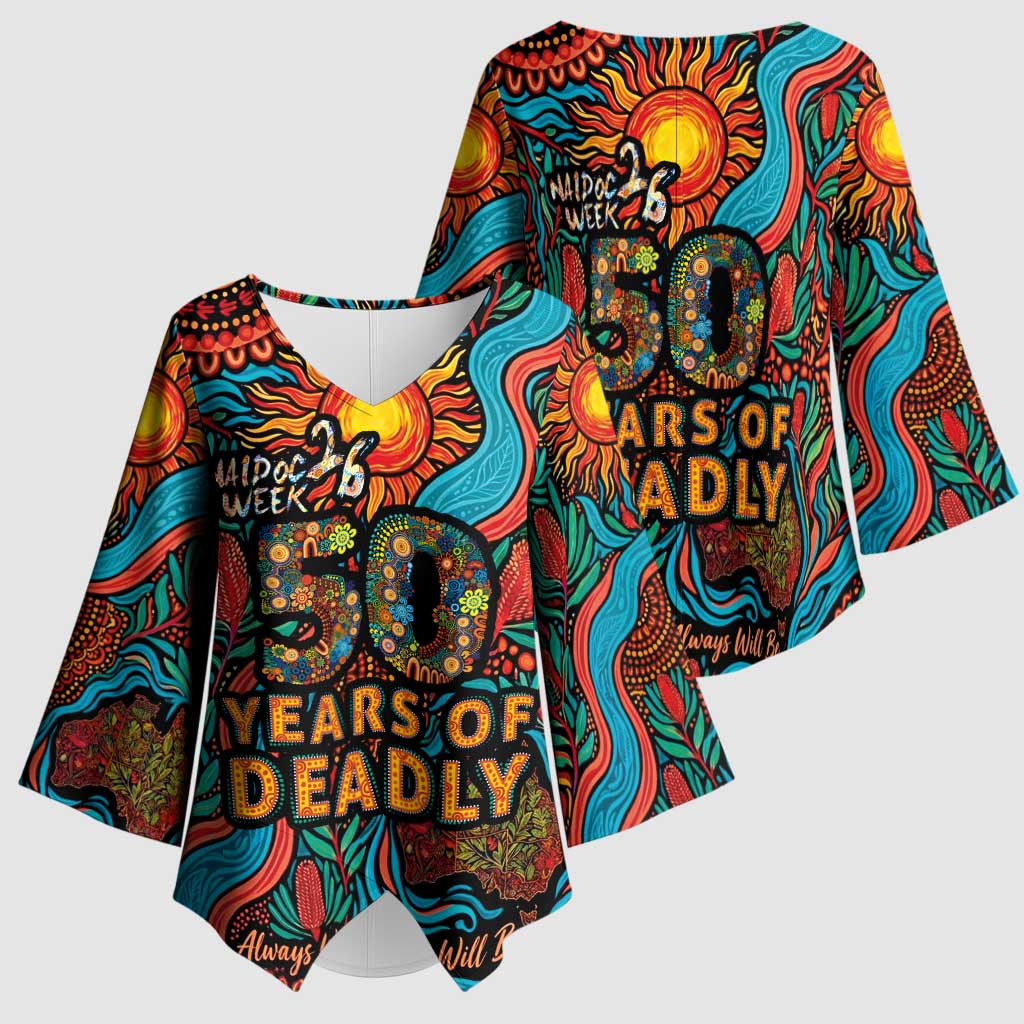 NAIDOC Week 26 Kimono Sleeve Blouse 50 Years of Deadly Aboriginal Motif