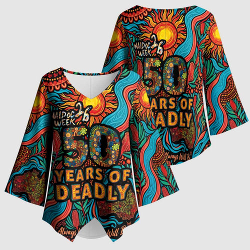 NAIDOC Week 26 Kimono Sleeve Blouse 50 Years of Deadly Aboriginal Motif