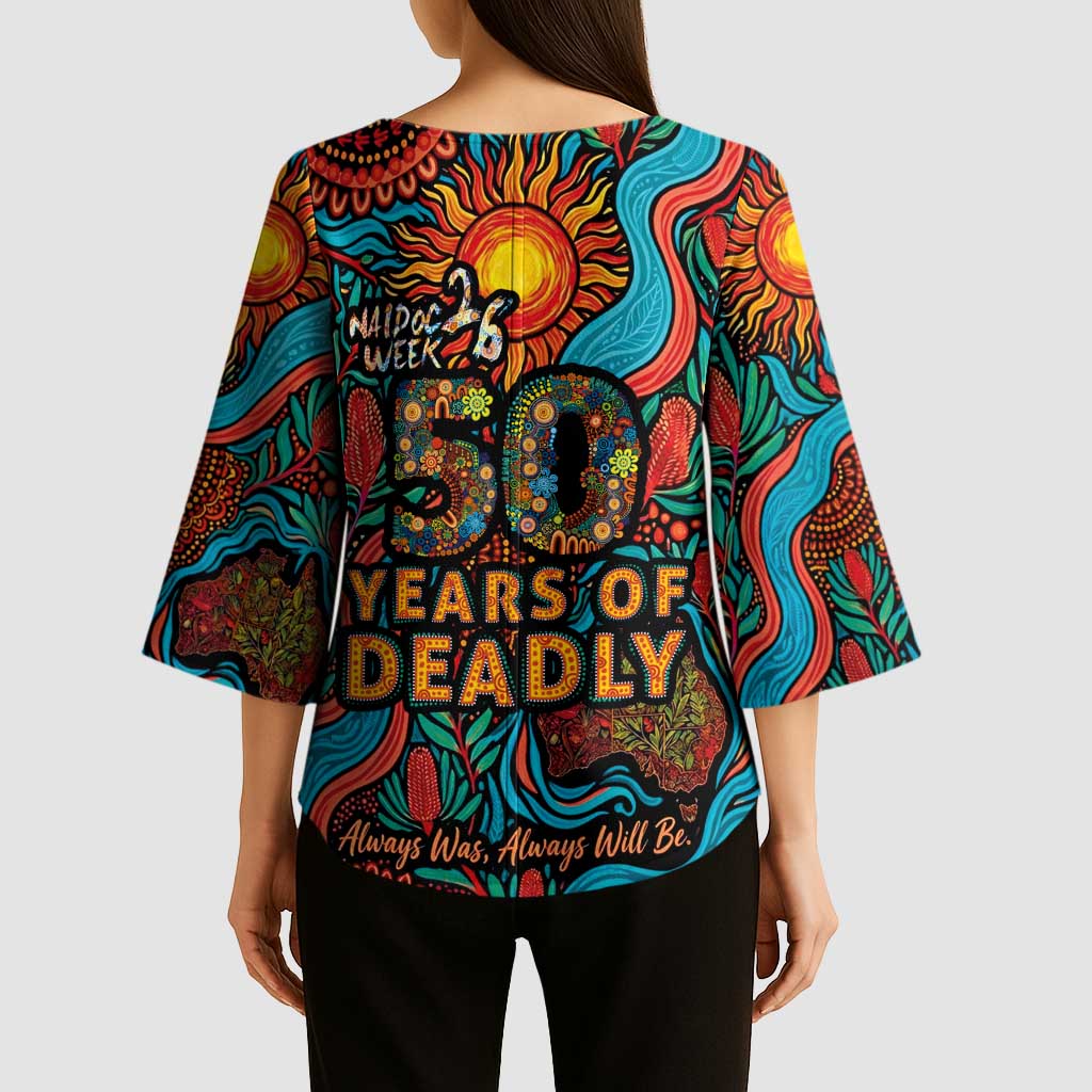 NAIDOC Week 26 Kimono Sleeve Blouse 50 Years of Deadly Aboriginal Motif