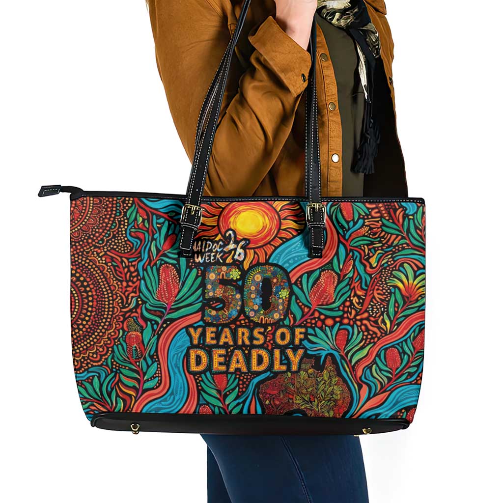 NAIDOC Week 26 Leather Tote Bag 50 Years of Deadly Aboriginal Motif