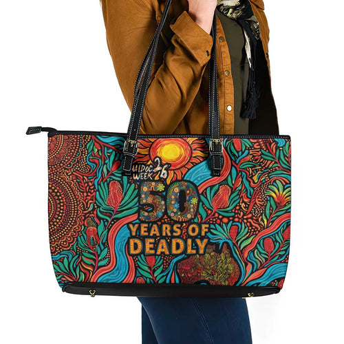 NAIDOC Week 26 Leather Tote Bag 50 Years of Deadly Aboriginal Motif