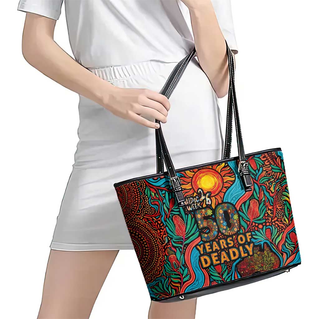 NAIDOC Week 26 Leather Tote Bag 50 Years of Deadly Aboriginal Motif