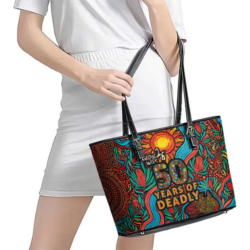 NAIDOC Week 26 Leather Tote Bag 50 Years of Deadly Aboriginal Motif